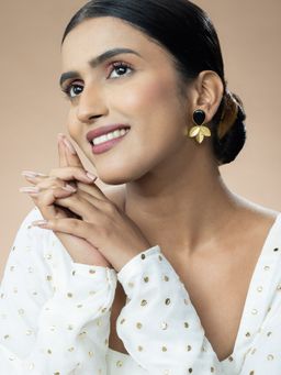 Niscka - Matte Gold Plated, Black Stone, and Petal Design Statement Earrings