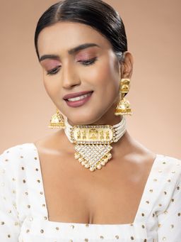 Niscka - Gold Plated White Meenakari Kundan and Pearl Jadau Choker Necklace Set with Earrings