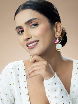 Niscka - Matte Gold Plated, White Stone, and Pink Bird Design Earrings