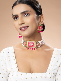 Niscka - 24K Gold Plated Pink Meenakari Kundan Jadau Choker Necklace Set