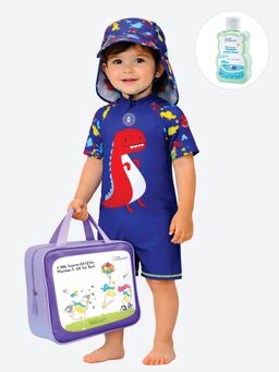 Little Surprise Box - Blue Dino Kids Swimwear with Cap and Wash Bag