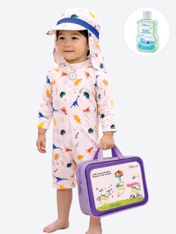 Little Surprise Box - White Dino World Kids Swimwear with Cap and Wash Bag