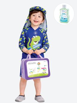 Little Surprise Box - Green Blue Dino Splash Kids Swimwear With Cap and Wash Bag