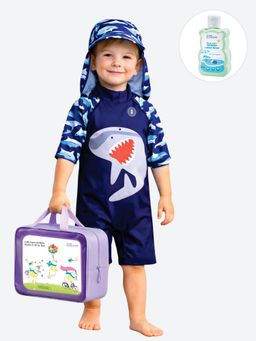Little Surprise Box - Navy Shark Kids Swimwear with Cap and Wash Bag