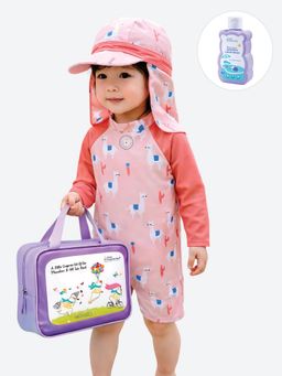 Little Surprise Box - Peach Llama Kids Swimwear with Cap and Wash Bag