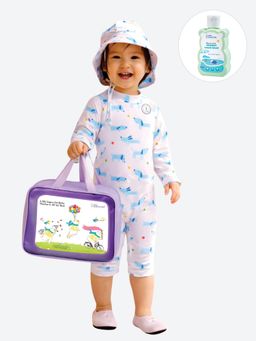 Little Surprise Box - White Blue Dog Kids Swimwear with Hat and Wash Bag