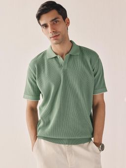 Andamen - Men Green Structure Cotton Regular Fit Polo T-Shirt