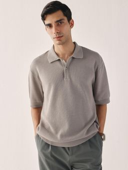 Andamen - Men Grey Structure Cotton Regular Fit Polo T-Shirt