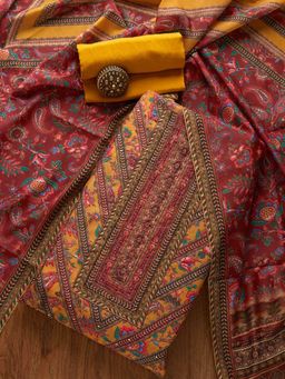 Koskii - Mustard Printed Art Silk Unstitched Salwar Suit (Set of Three)