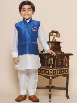 AJ Dezines - Kids Cotton Silk Solid 3pc Kurta Pant Set For Boys - White (Set of 3)