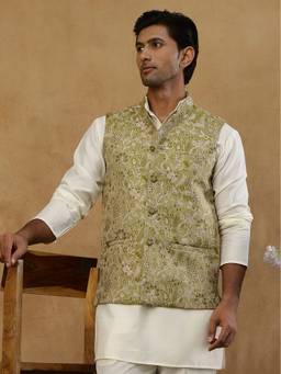 Jompers - Green Floral Woven Silk Blend Nehru Jacket