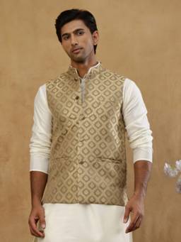 Jompers - Green Jacquard Woven Silk Blend Nehru Jacket