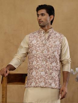 Jompers - Beige Floral Embroidered Cotton Blend Nehru Jacket