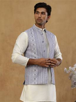 Jompers - Blue Traditional Woven Design Cotton Blend Nehru Jacket