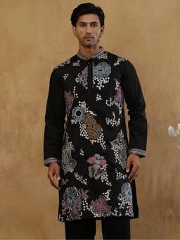 Jompers - Black Silk Floral Thread Work Kurta