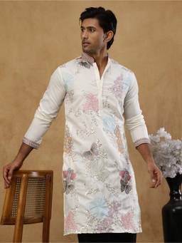 Jompers - White Silk Floral Thread Work Kurta