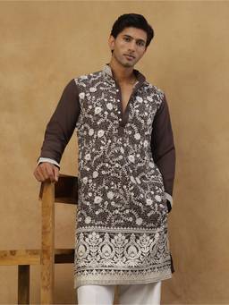 Jompers - Brown Silk Embroidered Kurta
