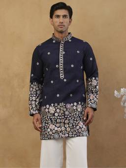Jompers - Navy Blue Silk Floral Thread Work Kurta