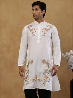 Jompers - White Cotton Floral Thread Work Kurta