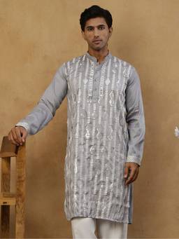 Jompers - Grey Silk Embroidered Kurta