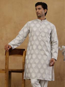 Jompers - Grey Cotton Floral Printed Kurta