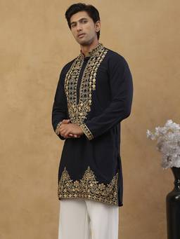 Jompers - Navy Blue Cotton Floral Thread Work Kurta