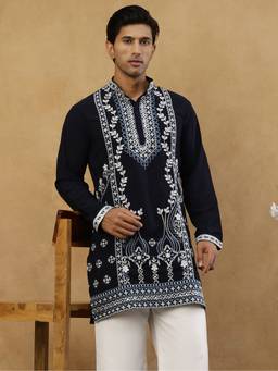 Jompers - Navy Blue Cotton Embroidered Kurta