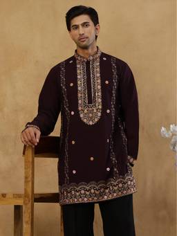 Jompers - Wine Cotton Embroidered Kurta