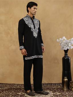 Jompers - Black Cotton Blend Embroidered Kurta with Korean Pant