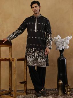 Jompers - Black Silk Blend Embroidered Kurta with Korean Pant