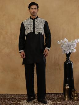Jompers - Black Silk Blend Paisley Kurta with Korean Pant