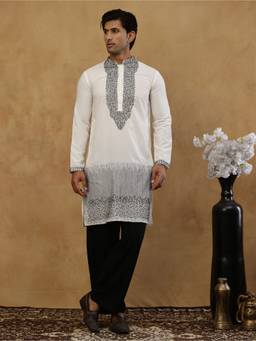 Jompers - White Cotton Blend Embroidered Kurta with Korean Pant