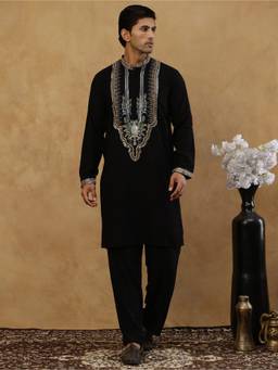 Jompers - Black Cotton Blend Embroidered Kurta with Korean Pant