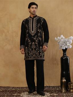Jompers - Black Cotton Blend Floral Work Kurta with Korean Pant