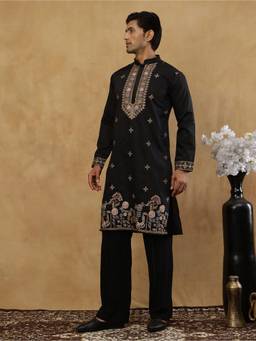 Jompers - Black Cotton Blend Embroidered Kurta with Korean Pant