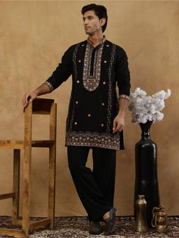 Jompers - Black Cotton Blend Embroidered Kurta with Korean Pant
