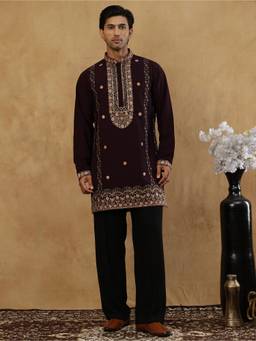 Jompers - Wine Cotton Blend Embroidered Kurta with Korean Pant