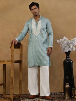 Jompers - Blue Silk Blend Embroidered Kurta with Korean Pant
