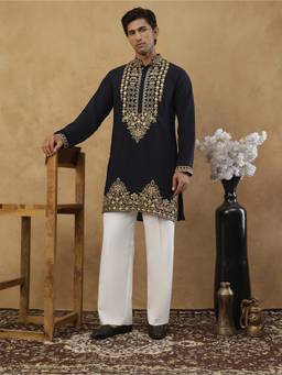Jompers - Navy Blue Cotton Blend Floral Work Kurta with Korean Pant