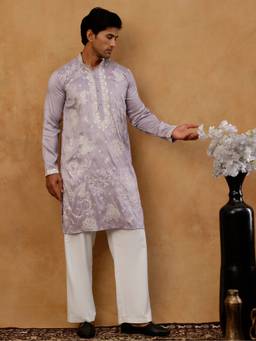 Jompers - Lavender Silk Blend Floral Work Kurta with Korean Pant
