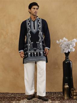 Jompers - Navy Blue Cotton Blend Embroidered Kurta with Korean Pant