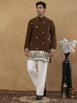 Jompers - Brown Cotton Blend Embroidered Kurta with Korean Pant