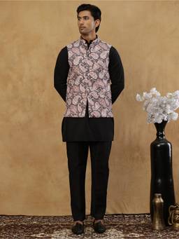 Jompers - Black Cotton Blend Embroidered Kurta and Pyjama with Nehru Jacket