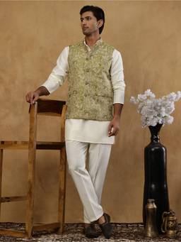 Jompers - Green Floral Woven Silk Blend Kurta and Pyjama with Nehru Jacket