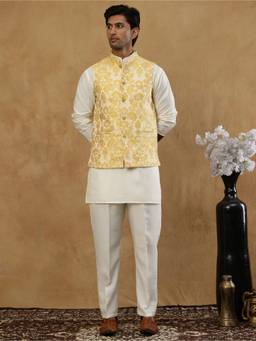 Jompers - Yellow Floral Woven Silk Blend Kurta and Pyjama with Nehru Jacket