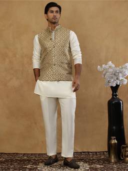 Jompers - Copper Floral Woven Silk Blend Kurta and Pyjama with Nehru Jacket