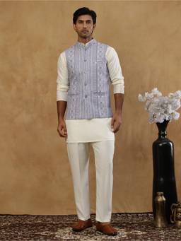 Jompers - Blue Cotton Blend Embroidered Kurta and Pyjama with Nehru Jacket