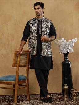 Jompers - Black Silk Blend Embroidered Kurta and Pyjama with Waistcoat