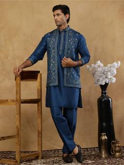 Jompers - Blue Silk Blend Embroidered Kurta and Pyjama with Waistcoat