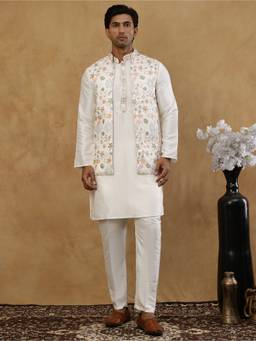 Jompers - White Silk Blend Thread Work Kurta and Pyjama with Waistcoat